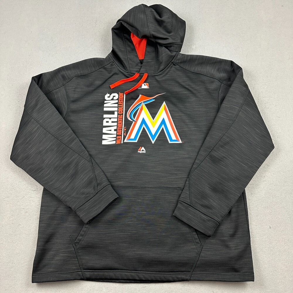 Miami Marlins Hoodie Men XL Gray Majestic Therma Base Sweatshirt Pullover MLB